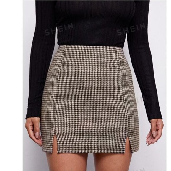 SHEIN Privé Women Commuting M-Slit Houndstooth Skirt - Picture 2 of 3